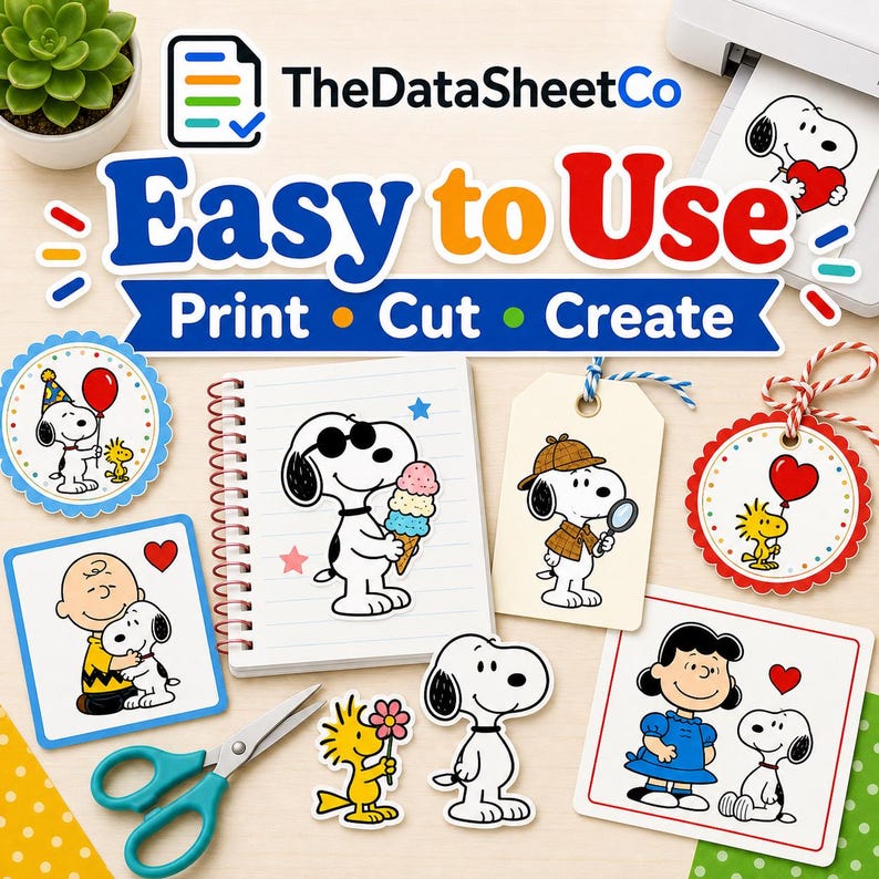 Print, cut and create examples with cartoon stickers, tags, notebooks and ornaments