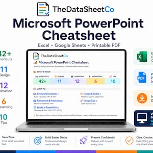 May include: A laptop screen displaying TheDataSheetCo Microsoft PowerPoint Cheatsheet, featuring 42+ shortcuts, 11 design, 12 animation, 6 presenting, and 10 tips sections. The interface includes jump-to links for keyboard shortcuts, design, and animation.