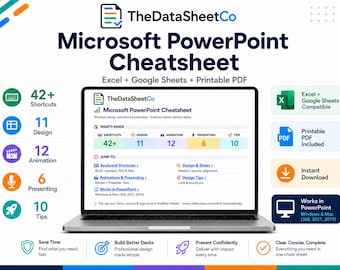 May include: A laptop screen displaying TheDataSheetCo Microsoft PowerPoint Cheatsheet, featuring 42+ shortcuts, 11 design, 12 animation, 6 presenting, and 10 tips sections. The interface includes jump-to links for keyboard shortcuts, design, and animation.