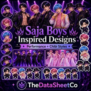 Puede incluir: Gr&aacute;fico promocional para "Saja Boys Inspired Designs" con ilustraciones estilizadas de una boy band. El dise&ntilde;o incluye retratos, estilos de actuaci&oacute;n y versiones chibi de los miembros de la banda, todo sobre un fondo p&uacute;rpura.