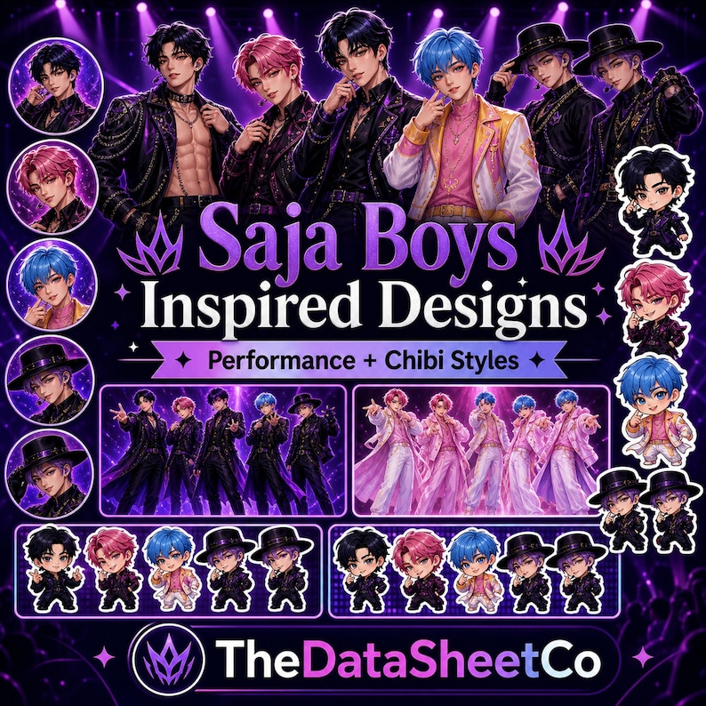 Puede incluir: Gr&aacute;fico promocional para "Saja Boys Inspired Designs" con ilustraciones estilizadas de una boy band. El dise&ntilde;o incluye retratos, estilos de actuaci&oacute;n y versiones chibi de los miembros de la banda, todo sobre un fondo p&uacute;rpura.