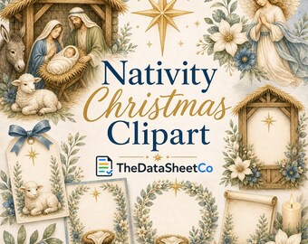 Paquete de imágenes prediseñadas PNG de la Natividad, imágenes prediseñadas de Navidad, imágenes prediseñadas de pesebre en acuarela, gráficos para festividades religiosas, descarga digital.