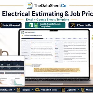 May include: A digital spreadsheet template for electrical estimating and job pricing displayed on a laptop screen and a smaller tablet screen. The interface features dark blue headers, white backgrounds, and organized data tables for project management.