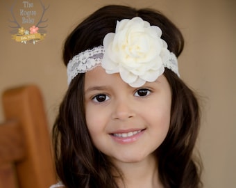 Ivory Cream Lace Headband with Chiffon Rose Flower -   Newborn Infant Baby Toddler Girls Adult Rustic Wedding