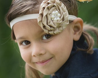 Taupe Satin Rosette Pearl Rhinestone Headband - Newborn Infant Baby Toddler Girls Adult Wedding Flower Girl