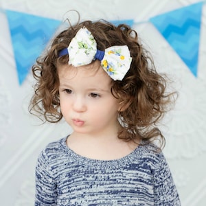 Navy Floral Fabric Bow Headband Navy Yellow White Blue Floral Newborn Infant Baby Toddler Girls image 1