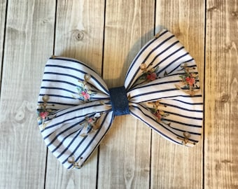 Navy White Stripe Anchor Floral Fabric Hair Bow Clip - Nautical Blue - You choose alligator clip or elastic band