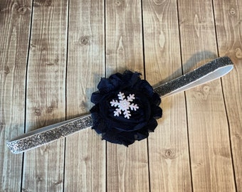 Silver & Navy Blue Snowflake Glitter Winter Baby Headband - Chiffon Flower- Newborn Baby Infant- Christmas