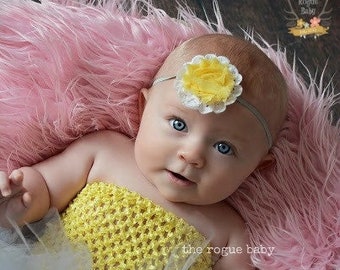 Yellow & Gray Headband -  Petite Newborn Baby Photo Prop - Flower Girl - Grey - You are my Sunshine