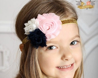 Pink Gold & Navy Headband - Glitter - Baby Pink - Navy Blue - Gold -  Newborn Infant Baby Toddler Girls Adult Wedding Flower Girl Cake Smash