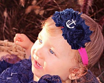 Hot Pink & Navy Blue Anchor Headband with Shabby Chiffon Flowers -  Nautical - Newborn Infant Baby Toddler Girls Adult