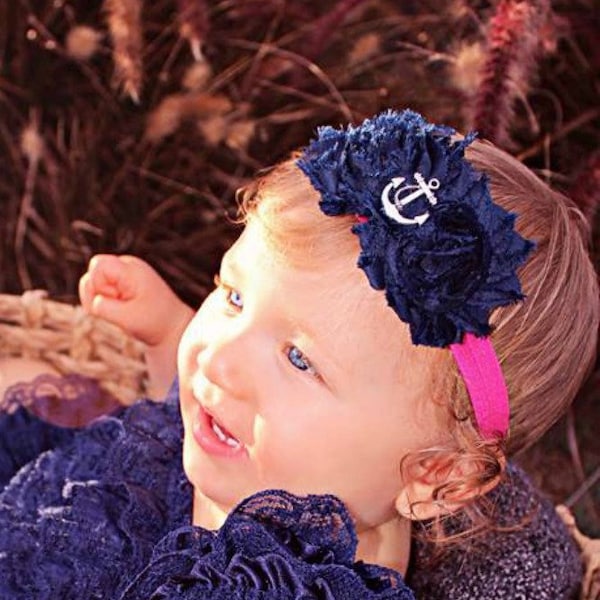 Hot Pink & Navy Blue Anchor Headband with Shabby Chiffon Flowers -  Nautical - Newborn Infant Baby Toddler Girls Adult