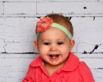 Coral & Mint Headband -  Photo Prop - Newborn Infant Toddler Girls Adult Wedding Pastel Green Baby Headband