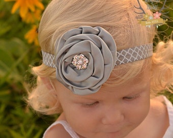 Gray Baby Headband  Quatrefoil - Rhinestone Bling - Grey White  - Newborn -Toddler  - Photo Prop Flower Girl Women