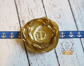 Nautical Anchor Headband -  Gold & Navy Blue - Newborn Infant Baby Toddler Girls Adult - Gold Anchor - Navy Blue Headband - Baby Headband