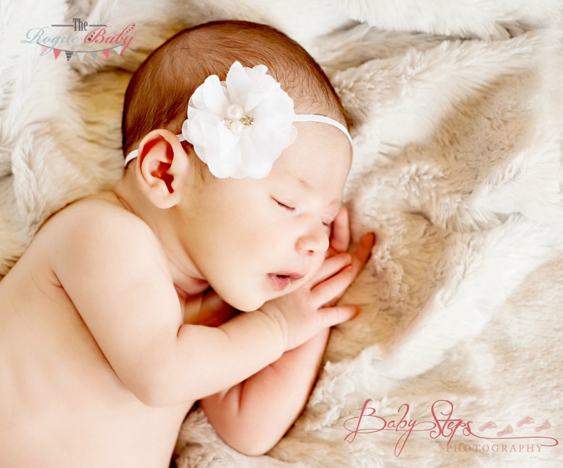 Newborn Baby Petite Headband. Photo Prop Ivory or White with Rhinestones & Pearls Preemie Baptism Wedding image 1
