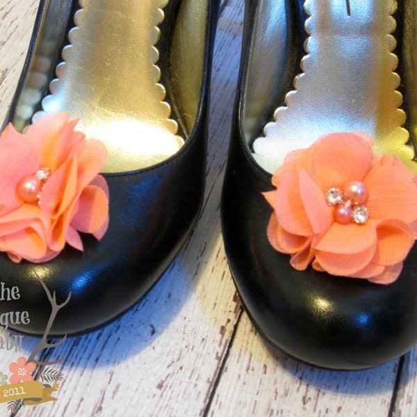 Coral Chiffon Flower Shoe Clips. Wedding Bride Bridesmaid Flower Girl Pearl Rhinestone Bridal Grey Silver