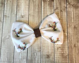 Off White with Deer Antler Floral Fabric Hair Bow Clip - Rustic - You choose alligator clip or elastic band