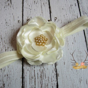 Cream Ivory Satin Handmade Flower Headband with Pearl Gold tone Button Baby Toddler Flower Girl Bridal Wedding image 2