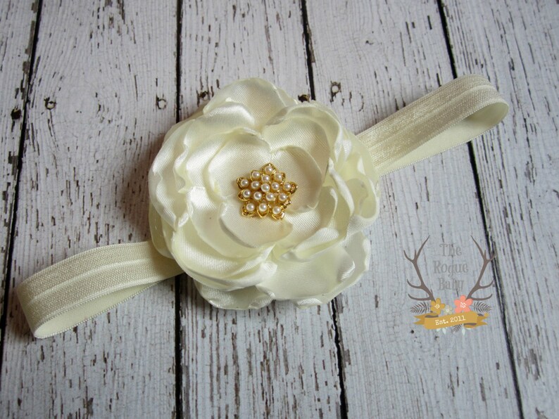 Cream Ivory Satin Handmade Flower Headband with Pearl Gold tone Button Baby Toddler Flower Girl Bridal Wedding image 2