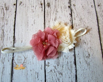 Cream & Dark Pink Headband - Ivory  Dusty Rose Headband - Baby Headband - Headband - Rhinestone Pearls -  Flower Girl - Bridal