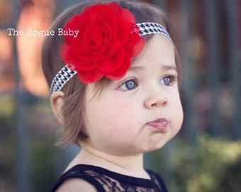 Houndstooth Headband - Baby Headband - Black White Red Chiffon Rose - Newborn Infant Baby Toddler Girls Adult