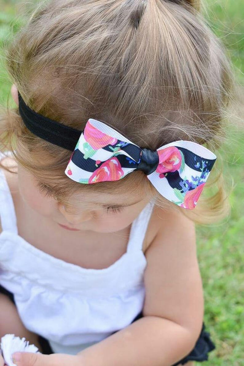 The Julia Black White Stripes Floral Bow Headband Newborn Infant Baby Toddler Girls Adult image 2
