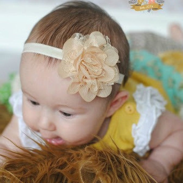 Cream & Beige Headband for Baby Girl -  Chiffon Lace Rose - Newborn Infant Baby Toddler Girls Adult Rustic Wedding