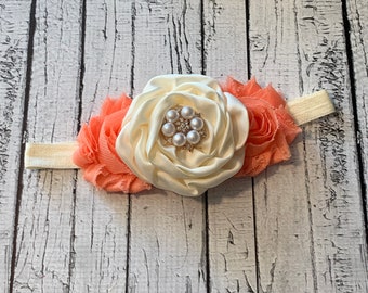 Ivory & Peach Coral Satin Rosette Pearl Rhinestone Headband - Fall Baby Rose Gold Wedding Flower Girl