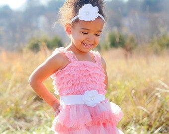 Sash & Headband Set White Satin Handmade Flower with Rhinestone Buttons - Baby Toddler Flower Girl Bridal Wedding