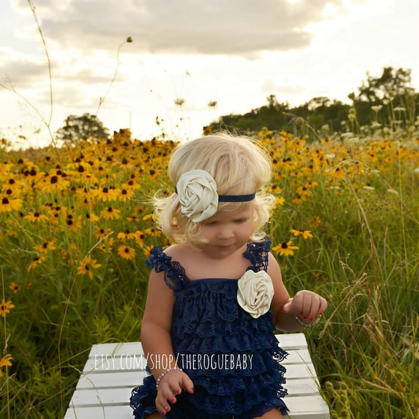 Navy Blue & Ivory Petti Lace Romper with Headband Set - Satin Rosette - Flower Girl Newborn Baby Infant Toddler - Lace Ruffles Classic Chic