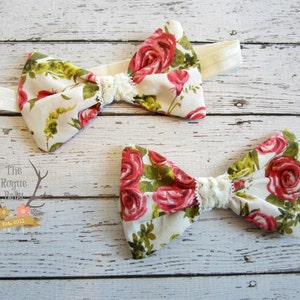 Floral Roses Fabric BowHeadband or Clip - Newborn Infant Baby Toddler Girls Adult Wedding Flower Girl Secret Garden
