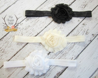 Headband Gift Set - 3 pieces - Soft Elastic Shabby Chiffon Rosette - Newborn Baby Infant- Photo Prop Set - White Black Cream Ivory Basic