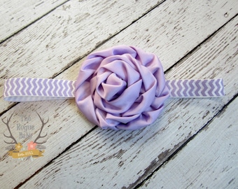 Light Purple & White Chevron Headband -  Satin Flower - Newborn Infant Toddler Girls Adult