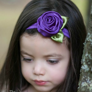 Purple Satin Rosette Baby Headband - Newborn Baby Infant Girls Flower Girl - Photo Prop - Royal Purple