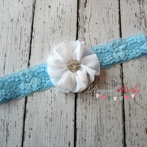 Cinderella Inspired Headband - White Chiffon with Light Blue Lace - rhinestone center. Wedding Flower Girl Dress Up Costume