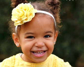 Sunshine Yellow Headband - Satin and Lace - Newborn -Toddler  - Photo Prop Flower Girl Womens 3/8" elastic