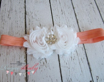 Coral & White Headband with Diamond Rhinestone -  Vintage Shabby Chic Style - Newborn Infant Baby Toddler Girls Adult Wedding