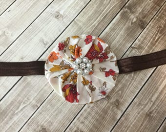 Fall Headband - Vintage Floral Fabric Brown Mustard Burnt Orange - Pearl Accents - Harvest Autumn Baby Girl