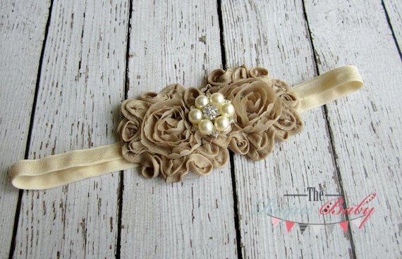 Cream & Tan Champagne Headband With Pearl Rhinestone 