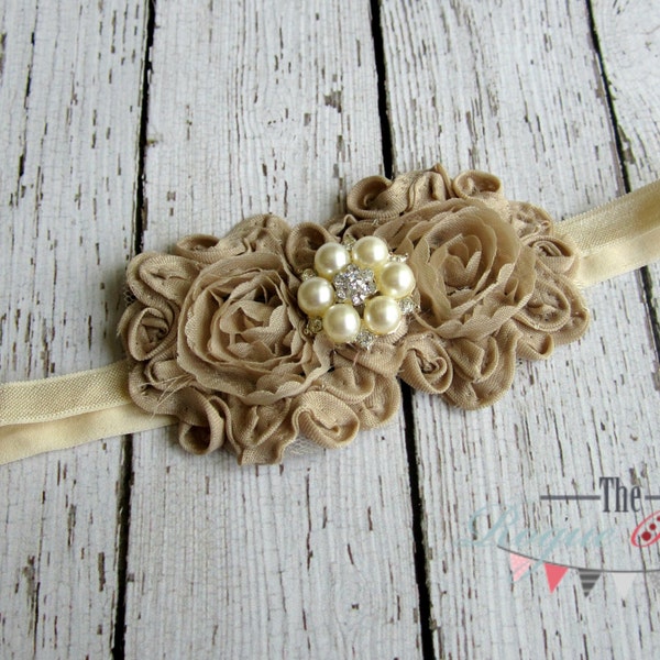 Cream & Tan Champagne Headband with Pearl Rhinestone -  Vintage Shabby Chic Style - Newborn Infant Baby Toddler Girls Adult Wedding