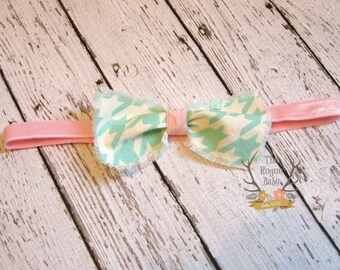 Pink Aqua Houndstooth Bow Headband - Scrappy Shabby Fabric Bow - Newborn Infant Baby Toddler Girls Adult