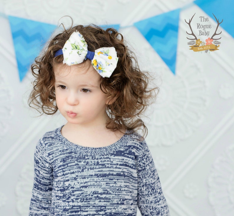 Navy Floral Fabric Bow Headband Navy Yellow White Blue Floral Newborn Infant Baby Toddler Girls image 1