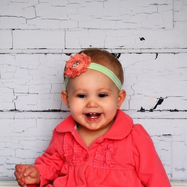 Coral & Mint Headband -  Photo Prop - Newborn Infant Toddler Girls Adult Wedding Pastel Green Baby Headband