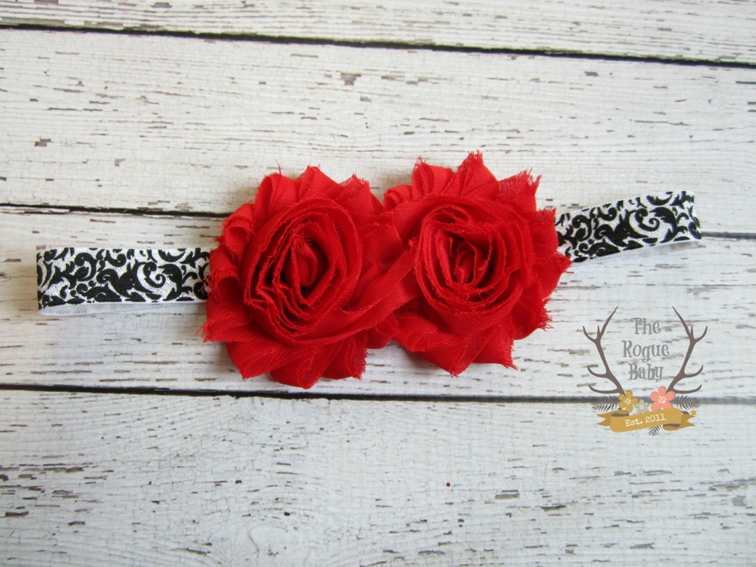 Black & White Damask Headband With Red Shabby Chiffon Flowers - Baby ...