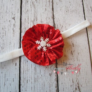 Red Sequin & Glitter Snowflake Headband White- Newborn Infant Baby Toddler Girls Ladies Winter Snow Flake