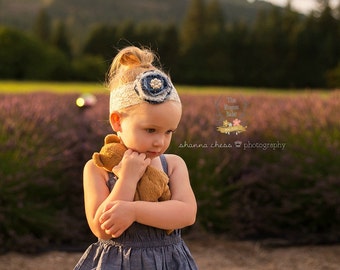 Denim & Lace Headband - Cream - Pearl Rhinestone - Rustic Wedding Bridal Flower Girl Shabby Chic