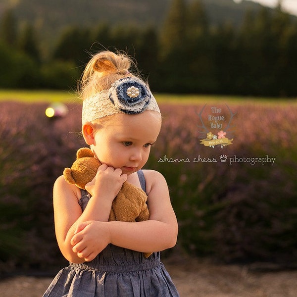 Denim & Lace Headband - Cream - Pearl Rhinestone - Rustic Wedding Bridal Flower Girl Shabby Chic