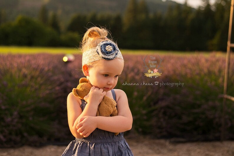 Denim & Lace Headband Cream Pearl Rhinestone Rustic Wedding Bridal Flower Girl Shabby Chic image 1