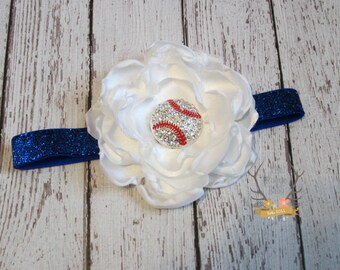 Baseball Headband - White Satin Royal Blue - Rhinestone Bling  Photo Prop - Newborn Infant Baby Toddler Girls Adult Satin Flower